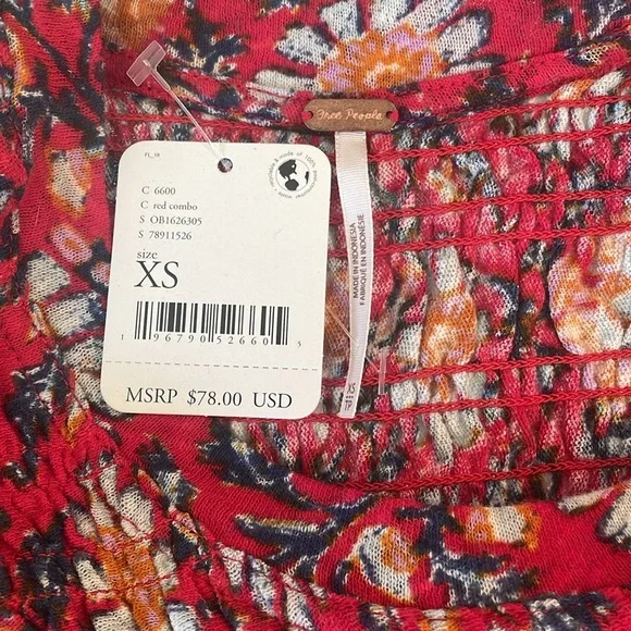 Free People Printed Ruffle Sleeve Crop Topo Size XS Red-Multi Color. - Picture 9 of 9